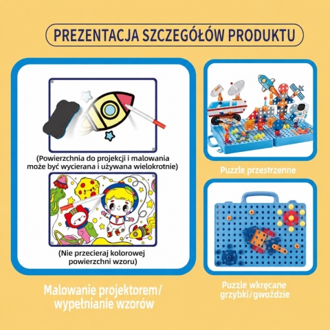 Edukacyjny zestaw manualny z projektorem świetlnym do nauki rysunku oraz układanka 3D z wkrętakiem elektrycznym